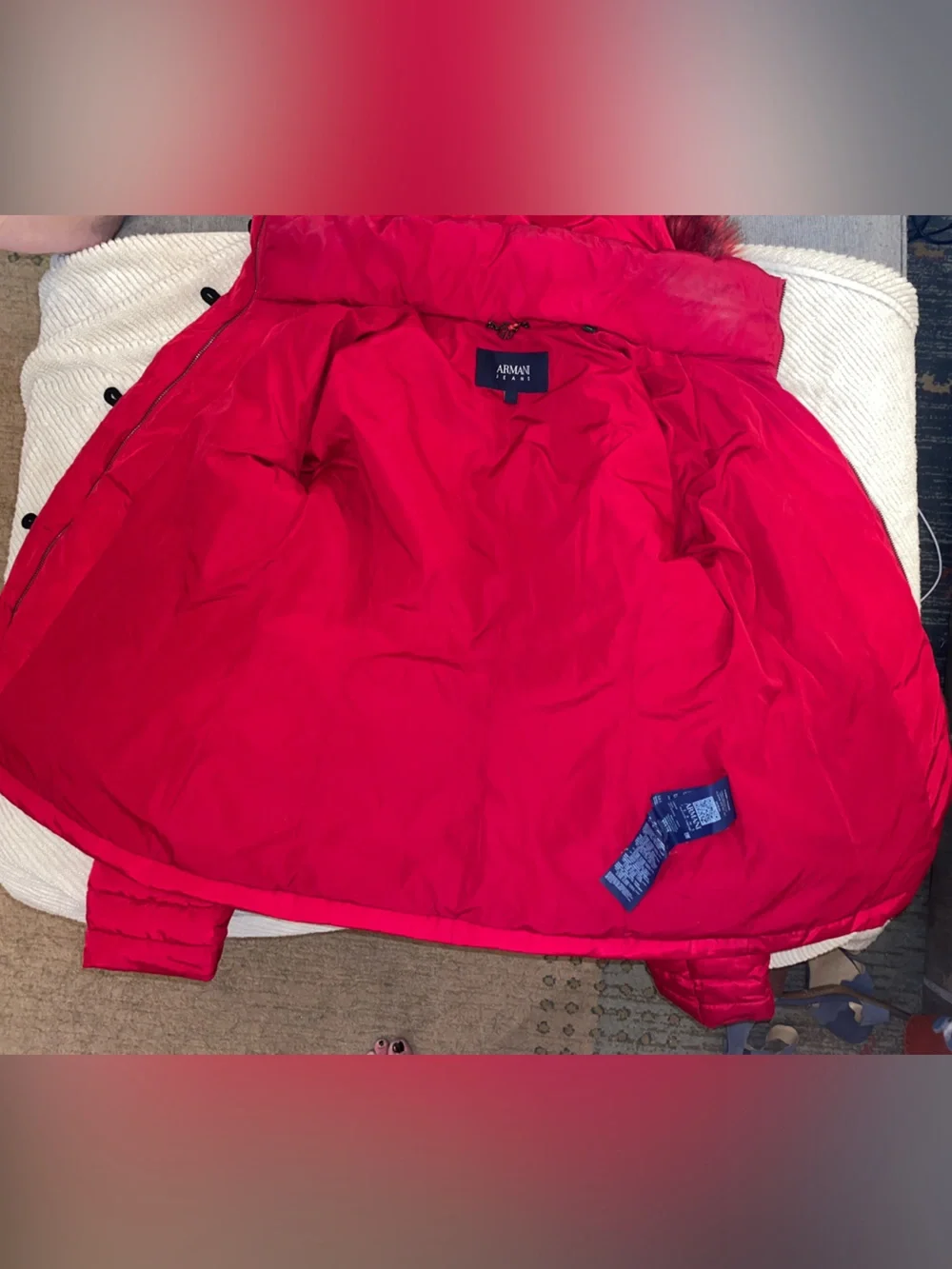 Armani Jeans Girls Red Faux Fur Quilted Winter Coat Removable Hood size 10